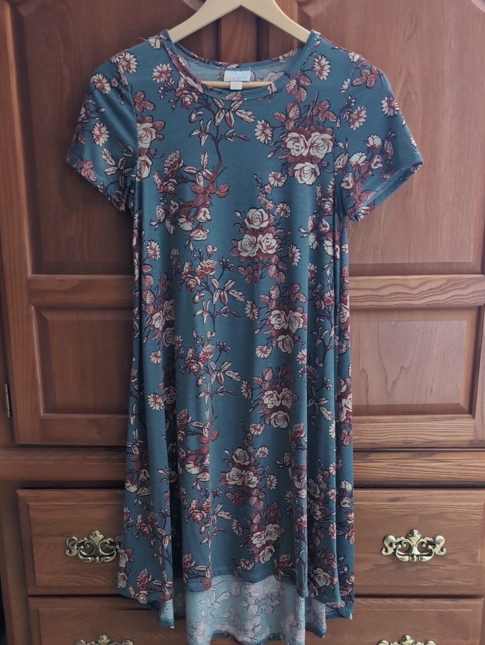 LuLaRoe Blue Midi Dress with Pink Rose Floral Print